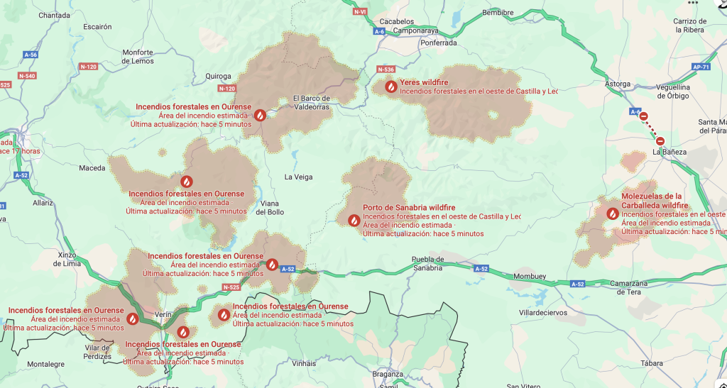 Algunos incendios forestales en el noroeste de España